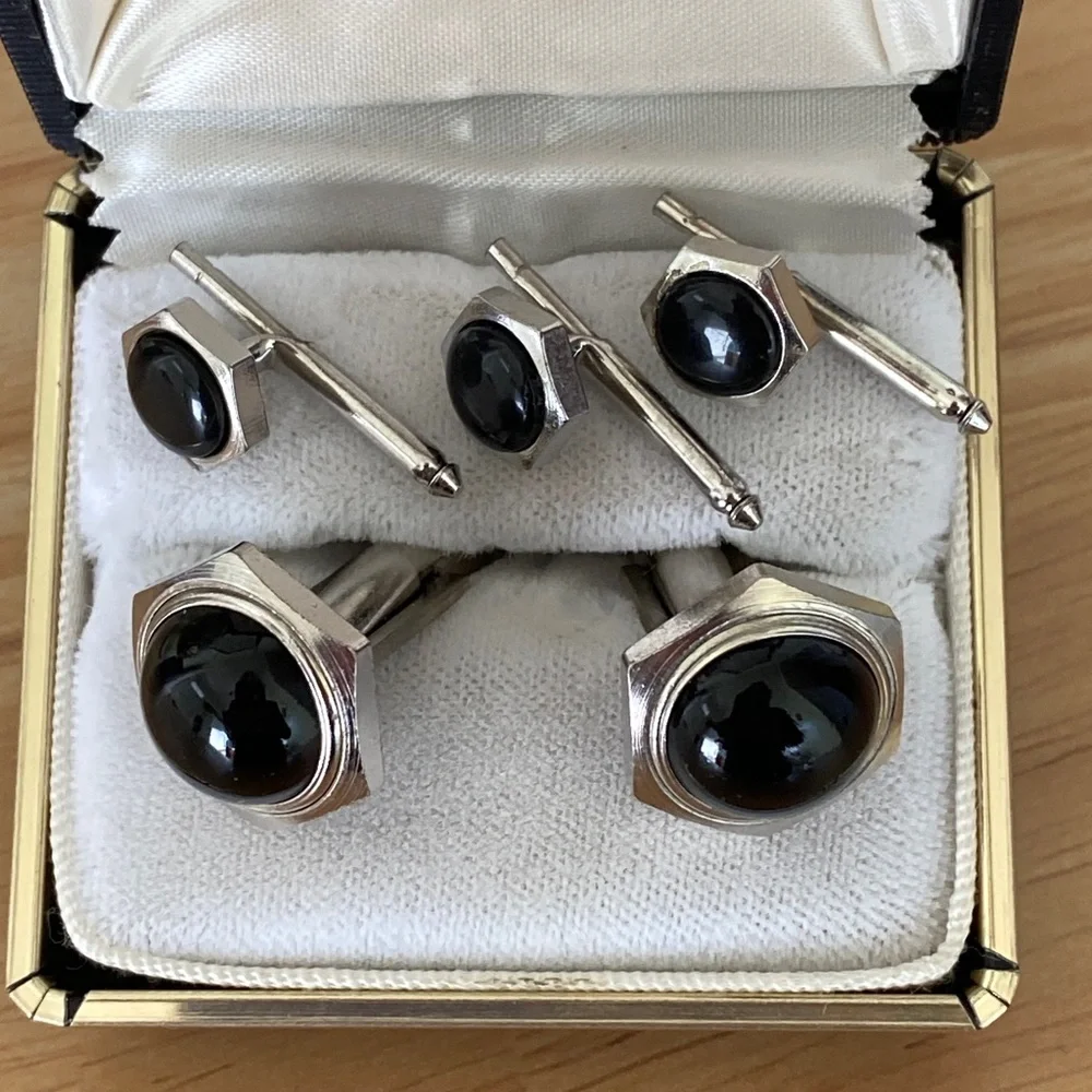 Silvertone Black Cufflinks and Shirt Stud Set